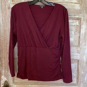Wrap front long-sleeved maroon tee.